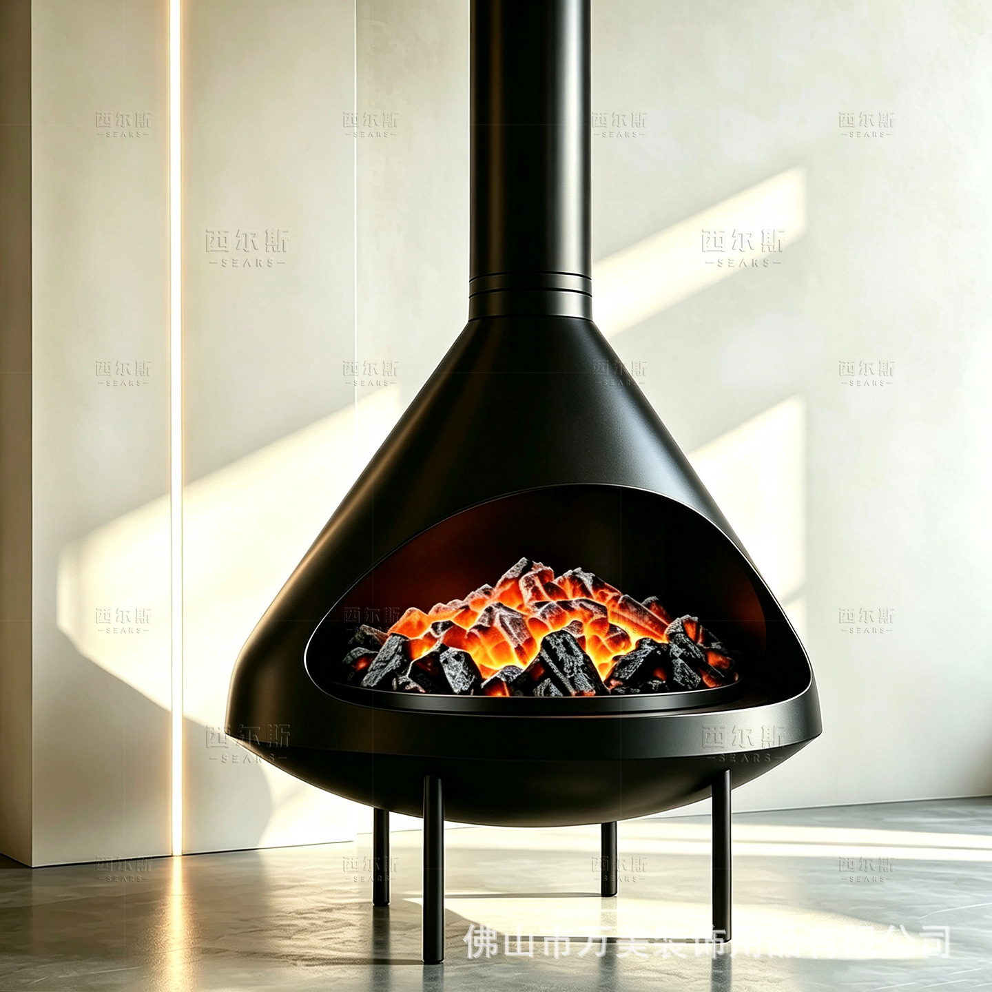 Trendy floating fireplace, suspended conical real-fire wood-burning fireplace, luxury villa and club living room decorative heating fireplace