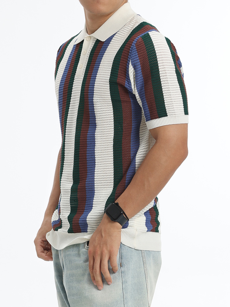 Verano para hombres barra vertical hueco de hielo de punto polo botón de solapa ligero de negocios camiseta casual camiseta superior