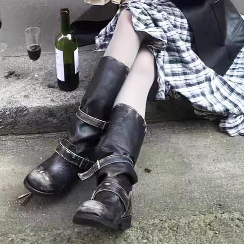 【张元英同款】皮带扣堆堆靴粗跟复古风中筒靴韩版靴子小众工装靴