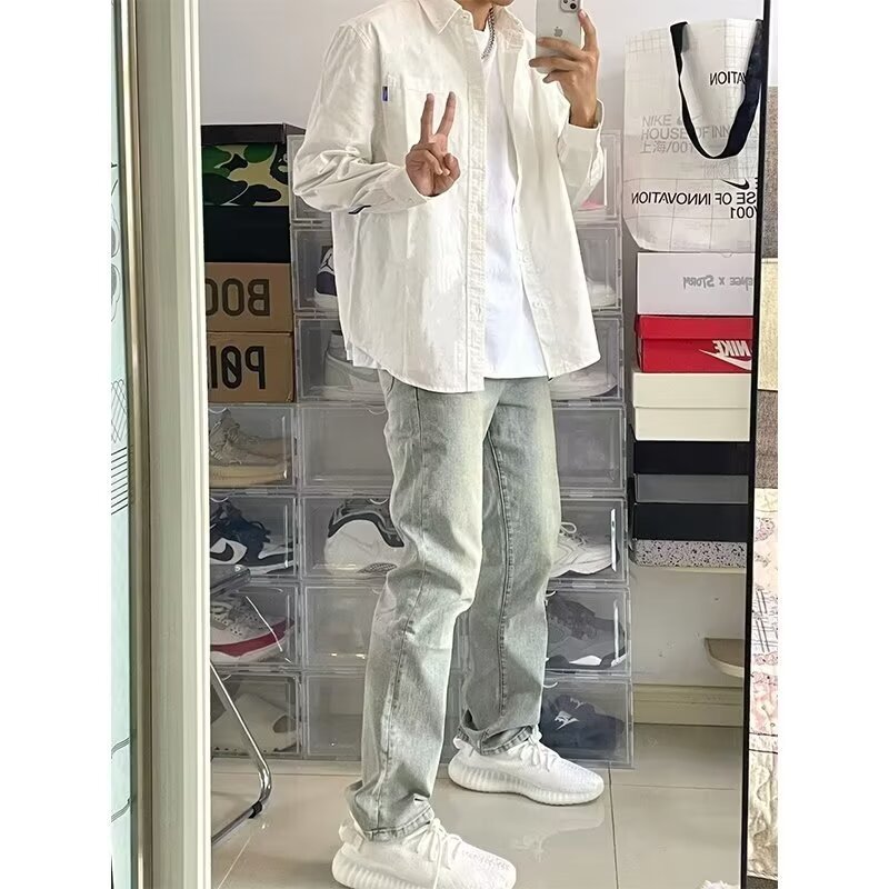 Vaqueros lavados con costuras para hombres y mujeres pantalones estilo vibe americano de calle alta tendencia de moda pantalones negros de pierna recta ~