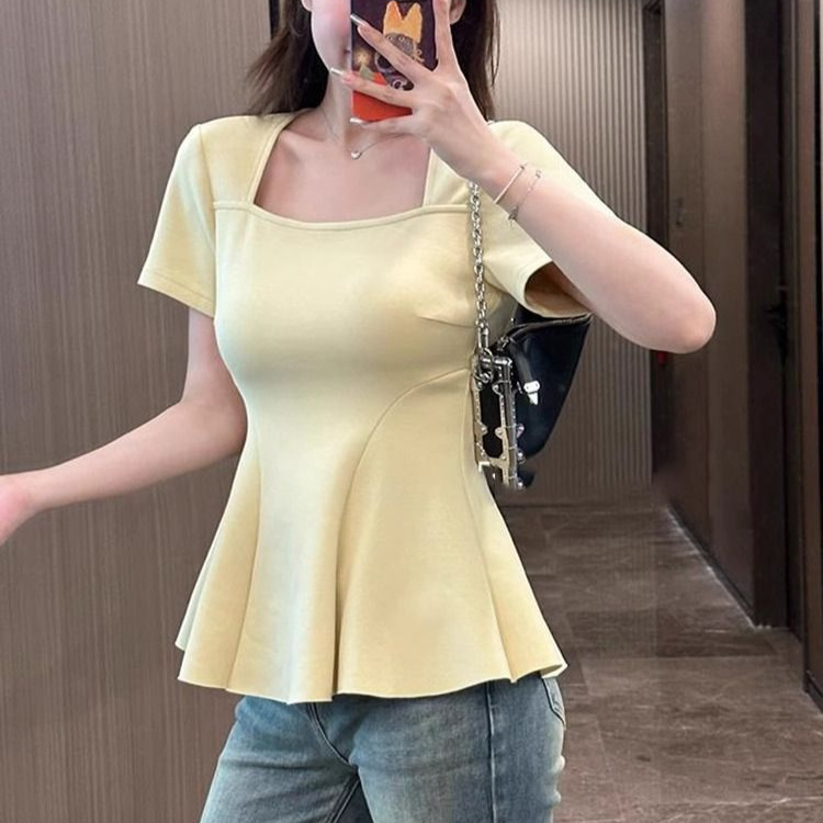 プラスサイズファットmm右肩スクエアカラー半袖Tシャツ女性用、肉感カバー、ウエストカーブデザイン、半袖ウエスト痩身トップ|undefined