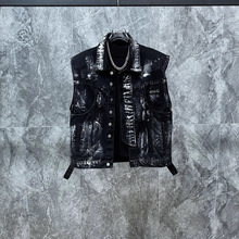 型男潮男/新款小众美式做旧复古牛仔马甲套装潮牌帅气破洞设计感