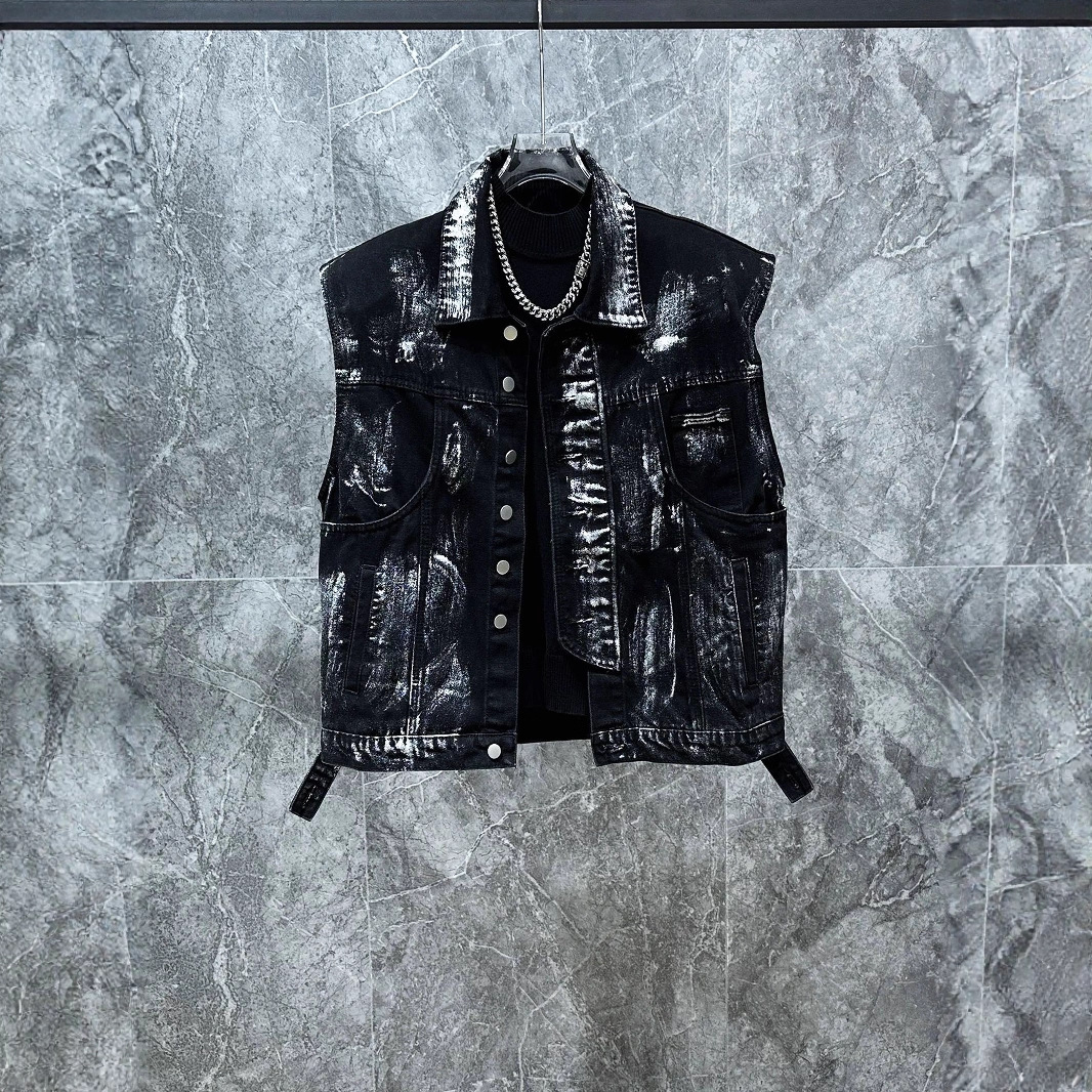 型男潮男/新款小众美式做旧复古牛仔马甲套装潮牌帅气破洞设计感