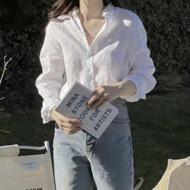 女式秋经典款亚麻翻领长袖纯色通勤休闲宽松百搭衬衫