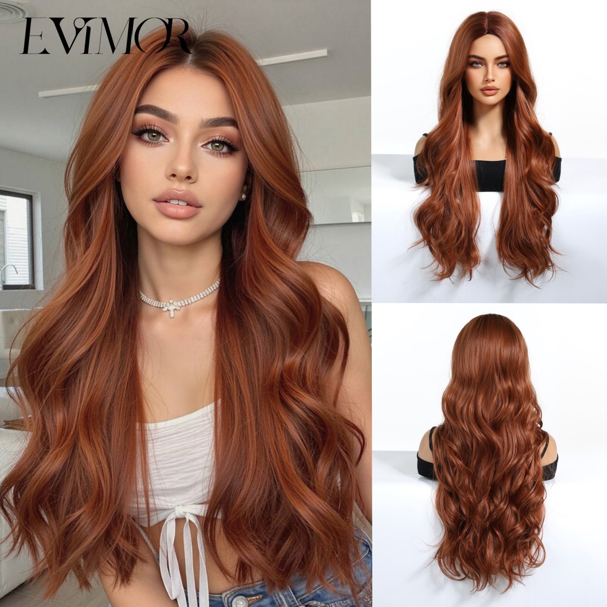 Peluca larga rizada nueva transfronteriza para mujer, peluca completa, estilo europeo y americano, con raya en medio, peluca de fibra sintética negra. image 12