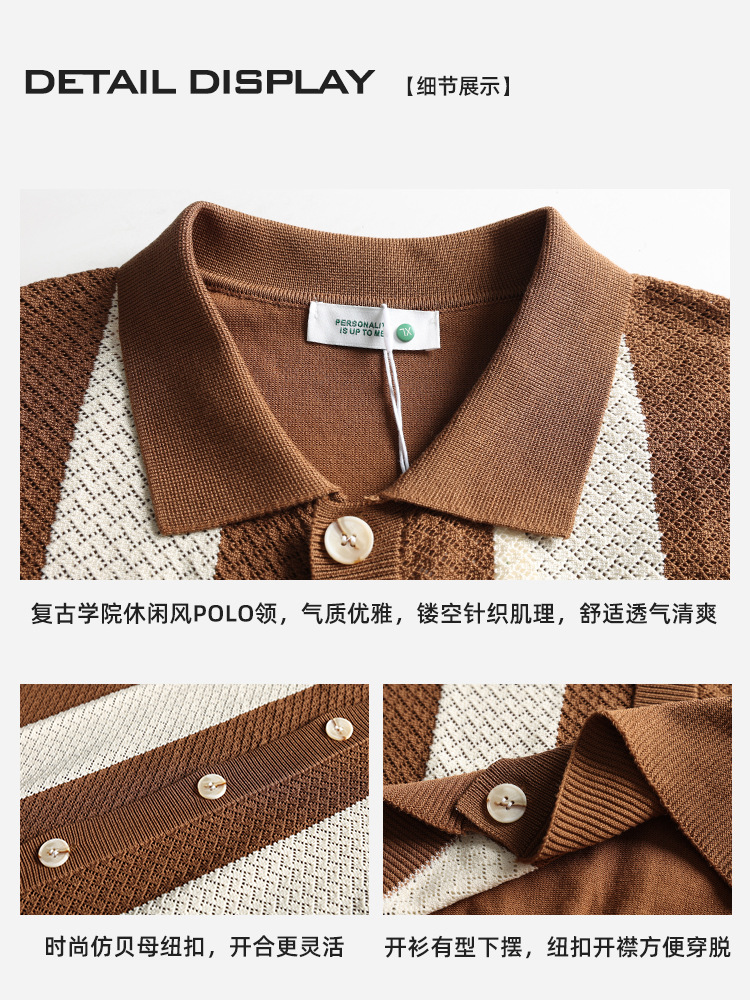 Camisas de polo de hielo de punto a rayas de estilo antiguo, camisetas de color contrastante, camisetas casuales de negocios, mangas cortas para hombres