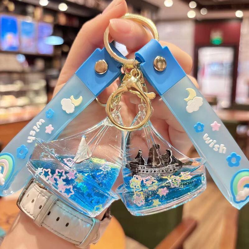 Creative Oil-Filled Ocean Sailboat Floating Bottle Keychain, Exquisite Student Backpack Pendant, Car Keychain Small Ornament