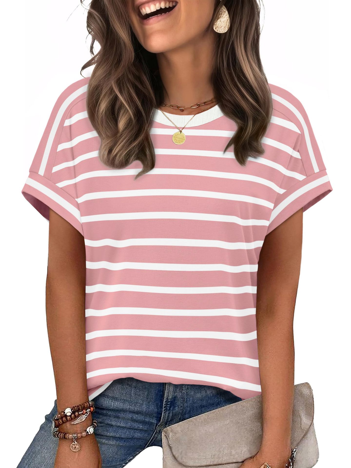 Summer New Women's Round Neck Casual Striped T-Shirt Short Sleeve Top American Style_ecoleips.com