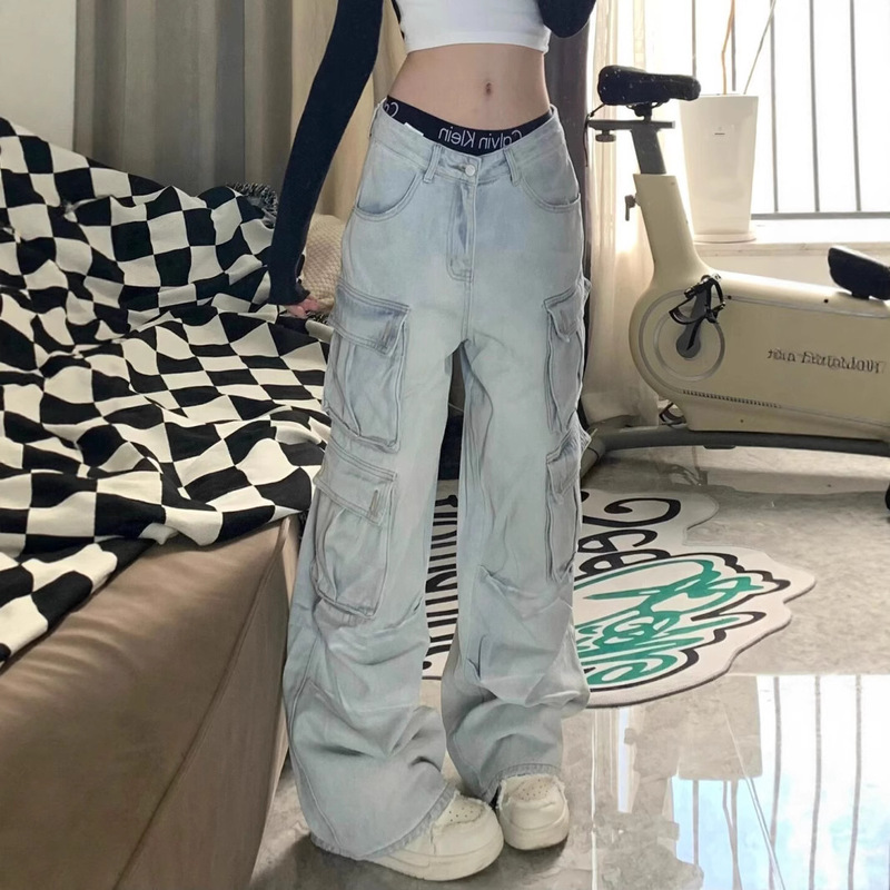 American-Style Multi-Pocket Floor-Length Workwear Jeans for Women, Trendy Loose-Fitting Straight-Leg Low-Waist Wide-Leg Pants