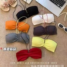 新款辣妹风撞色挂脖吊带背心女春季性感带胸垫比基尼裹胸抹胸上衣