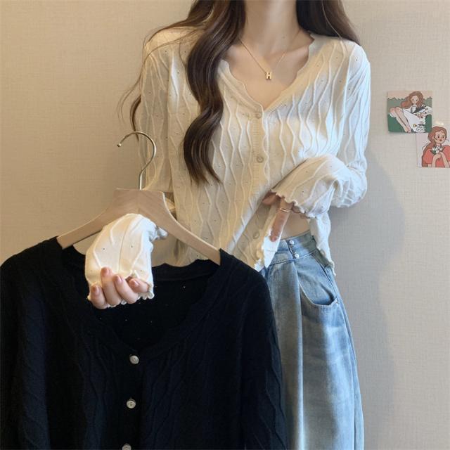 Plus Size Women's Wavy Edge New Cardigan Sweater Summer New Core-Spun Yarn Loose Slimming Long-Sleeved Top