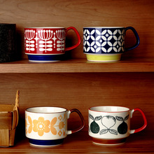 日本复古ins陶瓷挂耳印花咖啡杯可叠放 创意马克杯情侣早餐牛奶杯