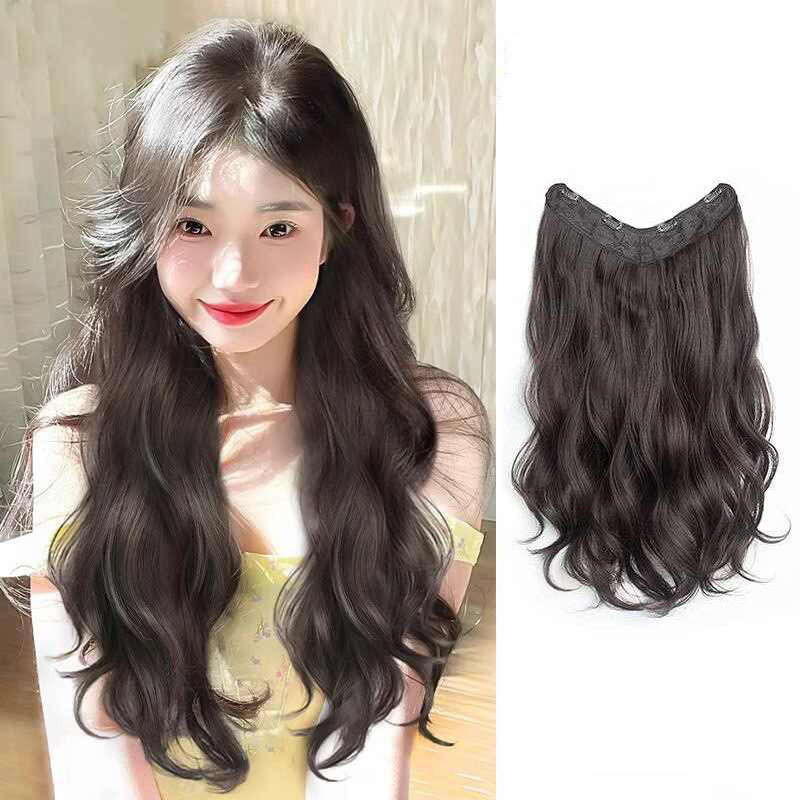 Wig for Women with Long Hair, One-Piece V-Shaped Artificial Hair Extensions, Fluffy, Invisible, Traceless Summer Patch, Large Wavy Curly Wig
