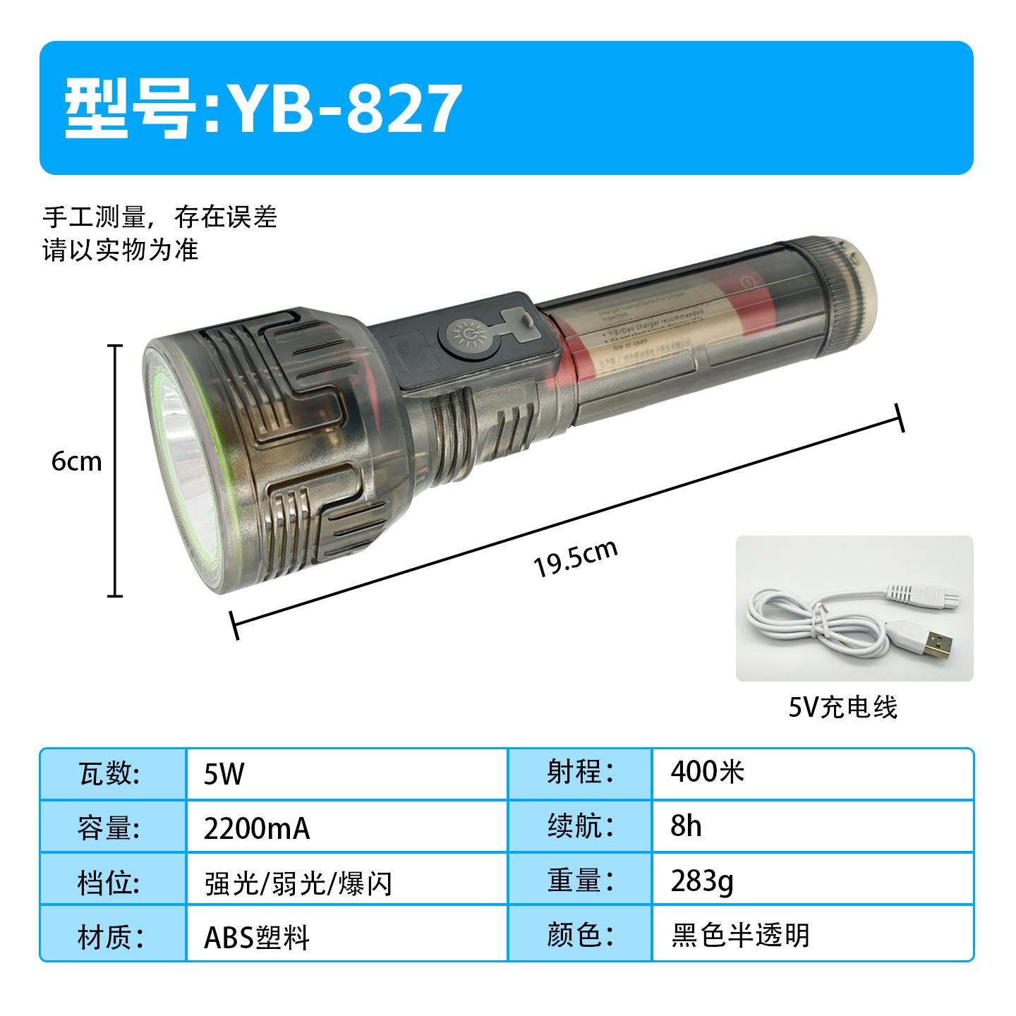Waterproof Flashlight with Strong Light, Long Battery Life, Rechargeable, Ultra-Bright, Long-Range, for Outdoor Hiking and Patrol Use, Wholesale