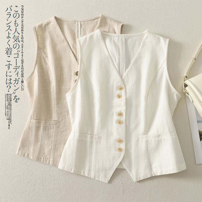 Actual Shot of Spring and Autum New Layered Suit Vest for Women, Summer New Thin Cotton and Linen Pony Clip Vest