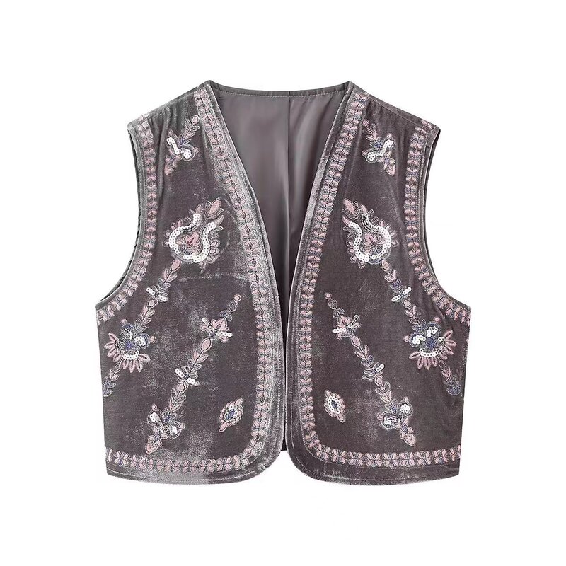 Cross-Border Export Wholesale European and American Style Women's French Short V Neck Beaded Embroidered Velvet Vest Fashionable and Versatile
