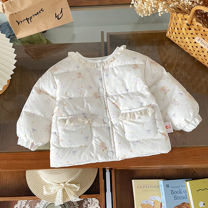 女童轻薄羽绒服2025冬季新品甜美碎花蕾丝花边新国标90白鸭绒外套|undefined