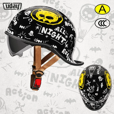 Summer electric car helmet retro motorcycle warped half helmet men's and women's scoop helmet personality four seasons motorcycle safety helmet (Motosiklet kaskı (dəbilqə)) - bright-black-graffiti-kid-m-head-circumference-52-54cm-transparent-black-tea-lenses