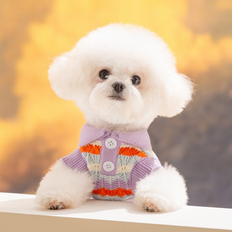 秋冬季小狗狗衣服缤纷彩条翻领两脚毛衣泰迪比熊中小型犬宠物衣服|undefined