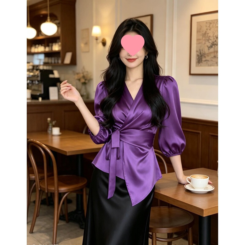 Elegant casual top for women, spring and autumn, with a stylish design, tie-up V-neck, purple shirt, French-style waist-cinching, niche shirt