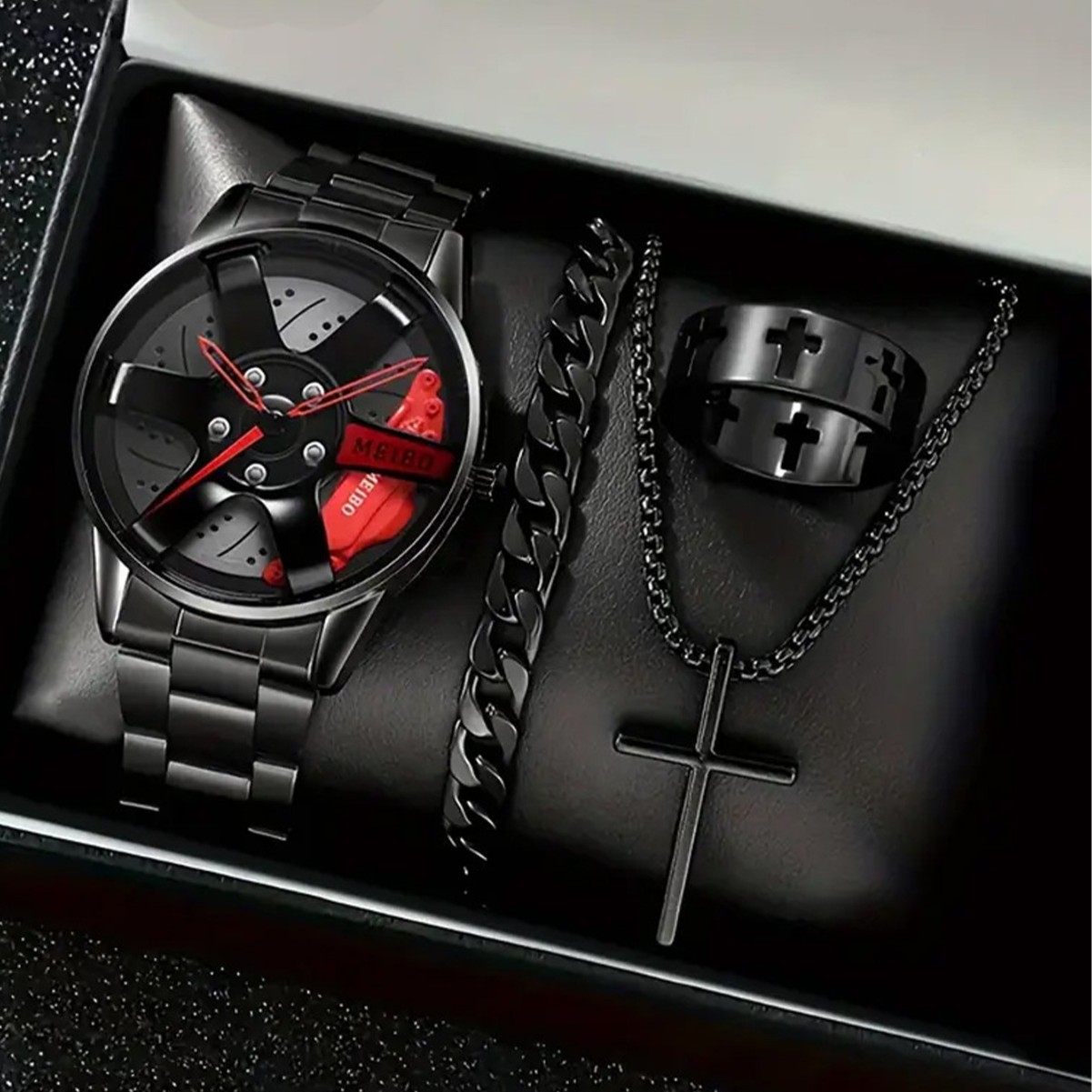 Men's Black Steel Band Quartz Watch Car Tire-Shaped Hollow Korean High-End Fashion Design Bracelet Set