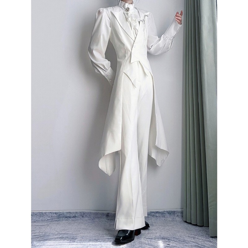 White autumn suit uniform with pointed lapel, swallowtail, long tail, slim fit, waist-cinching, long vest jacket, trendy White autumn suit uniform with pointed lapel, swallowtail, long tail, slim fit, waist-cinching, long vest jacket, trendy