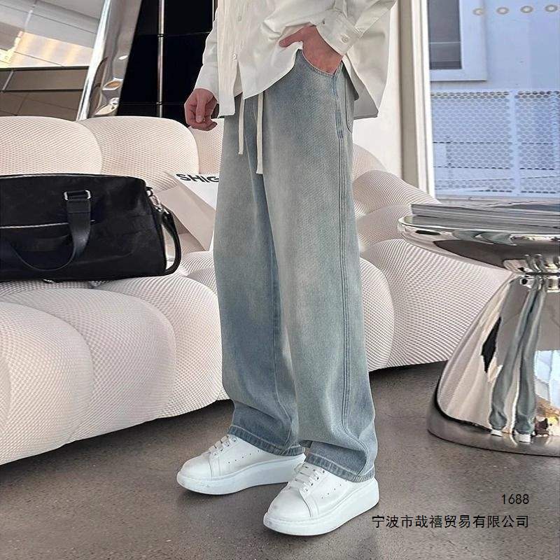 春夏休闲直筒浅色牛仔裤显瘦宽松百搭复古水洗长裤男浅蓝有吊牌