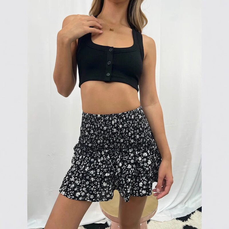 2025 新しいアマゾンヨーロッパとアメリカの女性のスカートプリーツスカートフリルプリントスカートファッション花柄ショートスカート|undefined