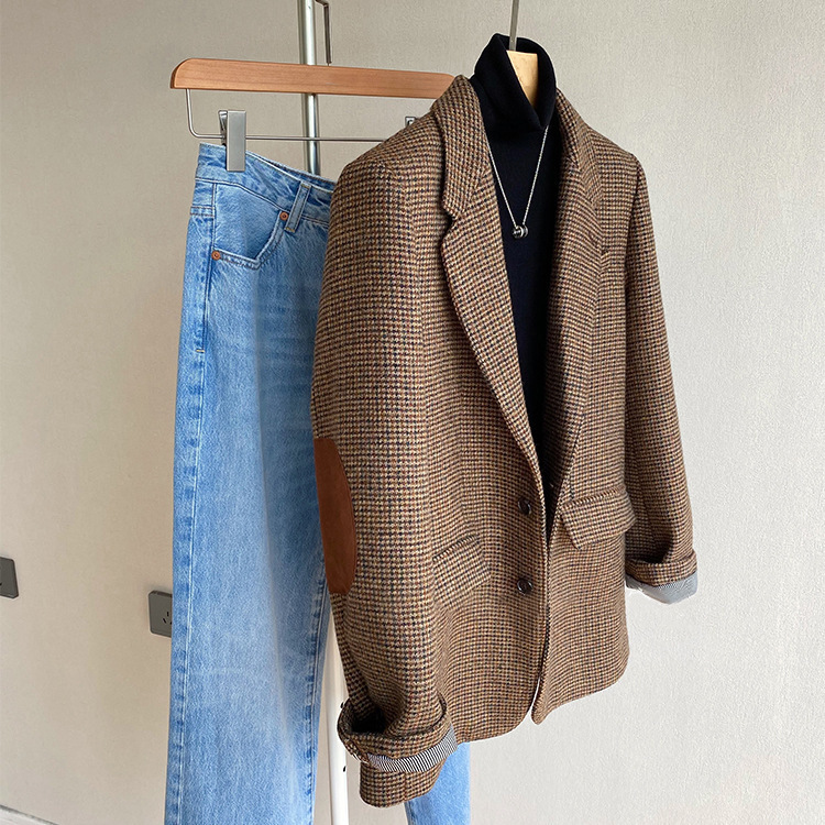 in stock brown Houndstooth Pattern ~ Elbow Leather Wool Suit Jacket Women's Spring and Autumn