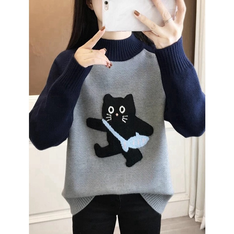 Cartoon Cat Sweater for Women 2026 Winter Half-Turtleneck Thickened Base Knitwear Age-Reducing Long-Sleeve Pullover Top