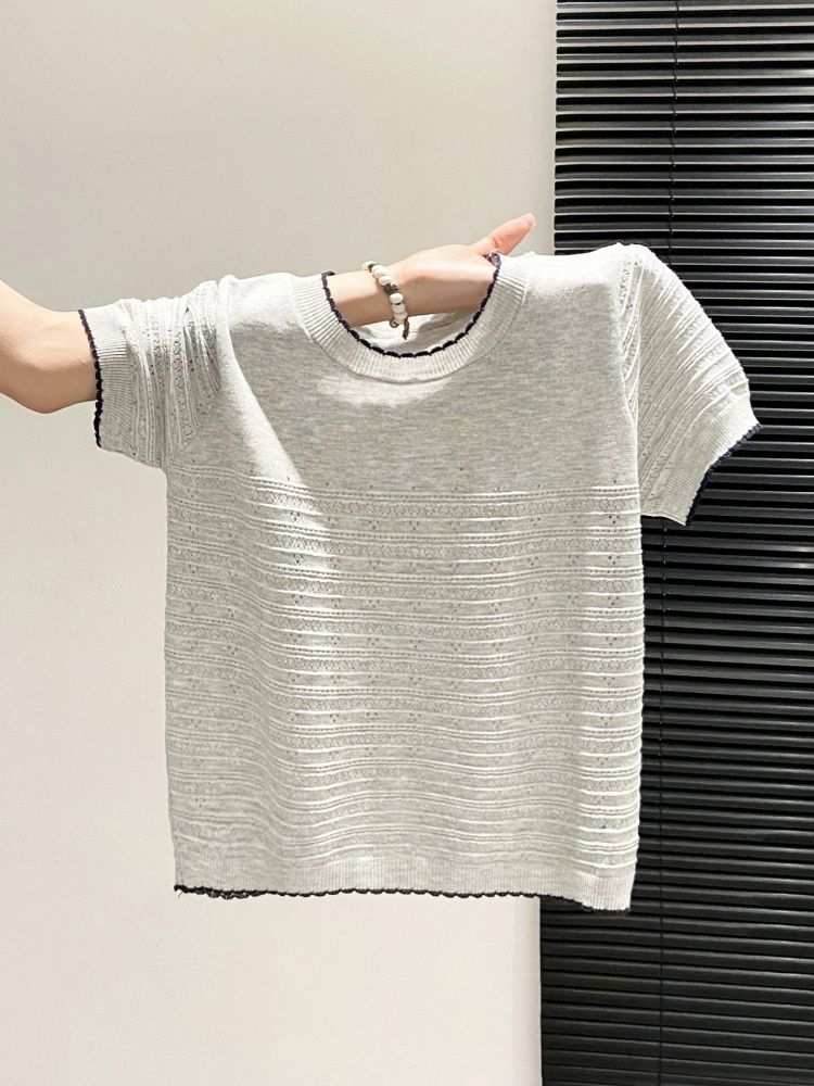 Áo thun nữ tay ngắn dệt kim phối xếp nếp phong cách Hàn Quốc — màu xanh nhạt