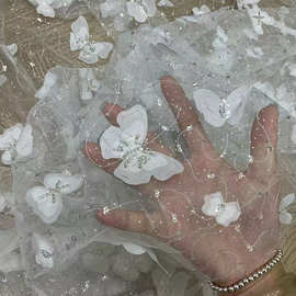3D蝴蝶立体花网纱刺绣面料 亮片绣花面料激光加珠管Fabric Lace