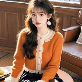 感花边拼接超好看减龄显白橙色洋里洋气毛衣