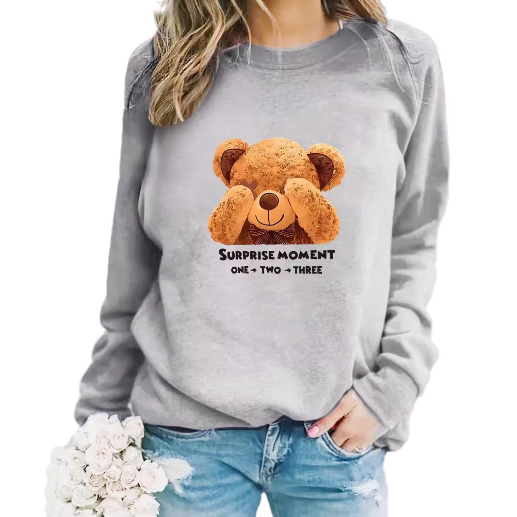 Damenbekleidung Herbst und Winter Damen lässig Langarm Rundhals Pullover mit Cartoon-Bären-Print_voghion.com