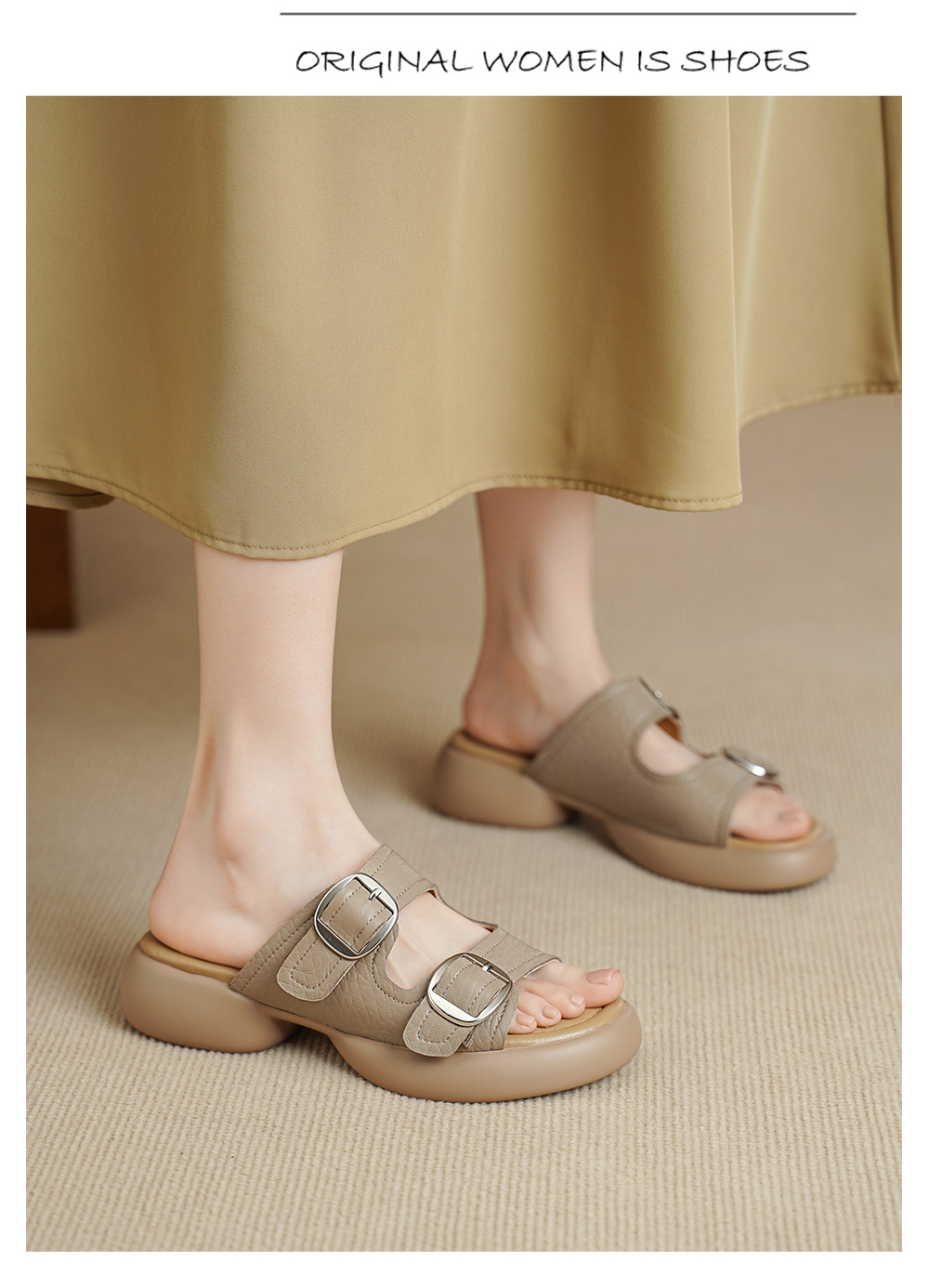 Dép sandal nữ quai chữ V đế dày da cừu khóa thắt lưng — Xám voi chi tiết 6