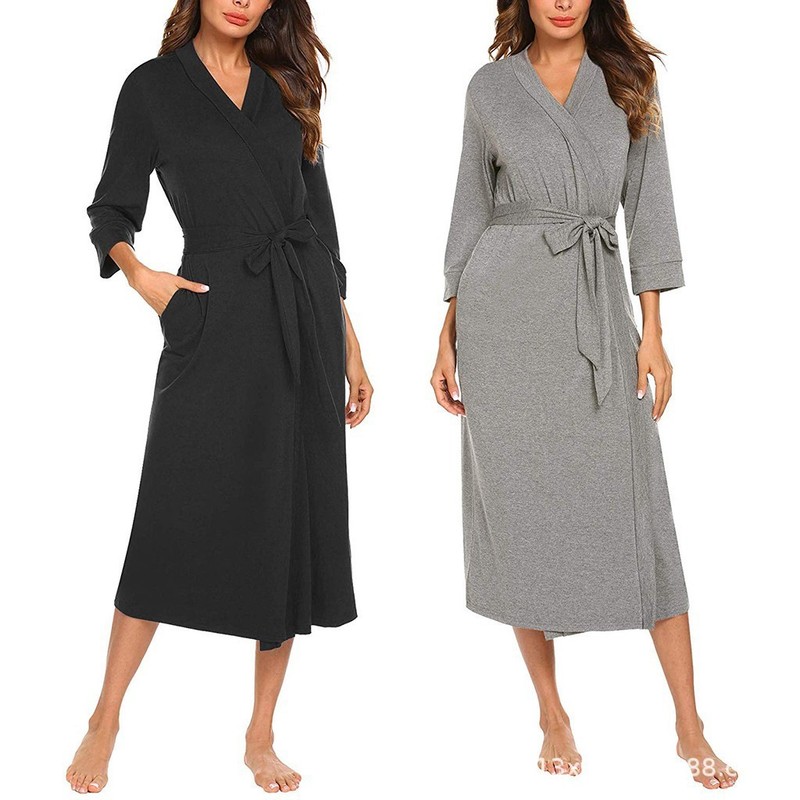 2026 New Style Women's European and American Style Nightgown, Solid Color, Simple V-Neck, Tie-Waist, Long Bathrobe, Three-Quarter Sleeves, Loose and Comfortable