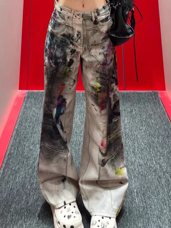 Streetwear Distressed Denim Pants – Oversized High-Waisted Wide-Leg Jeans With 3D Print Graffiti & Splatter Paint Design_ecoleips.com