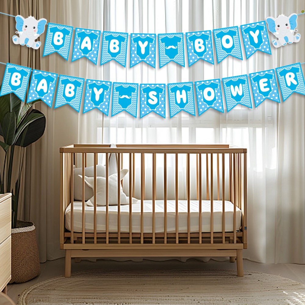 Nuevo estilo transfronterizo de decoración de fiesta de baby shower, bandera, elefante azul, bebé, niño, fiesta de bienvenida para bebés, decoración