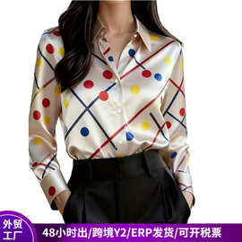 亚马逊欧美花衬衫女早春季2026独立站缎面中长款复古印花波点衬衣