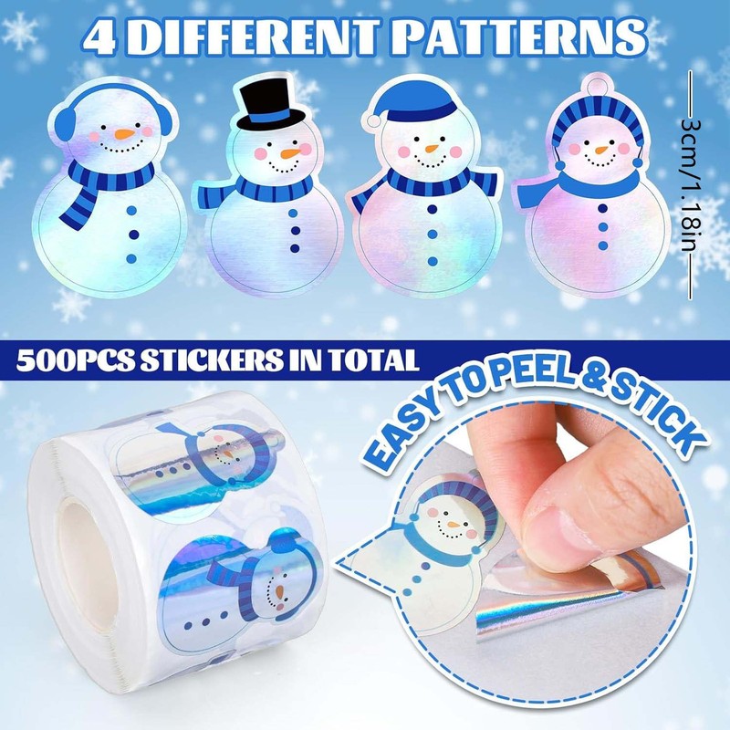 500 ステッカー/ロールクリスマス雪だるまレーザー防水ラベルステッカー diy ホリデーギフト包装装飾ステッカー|undefined