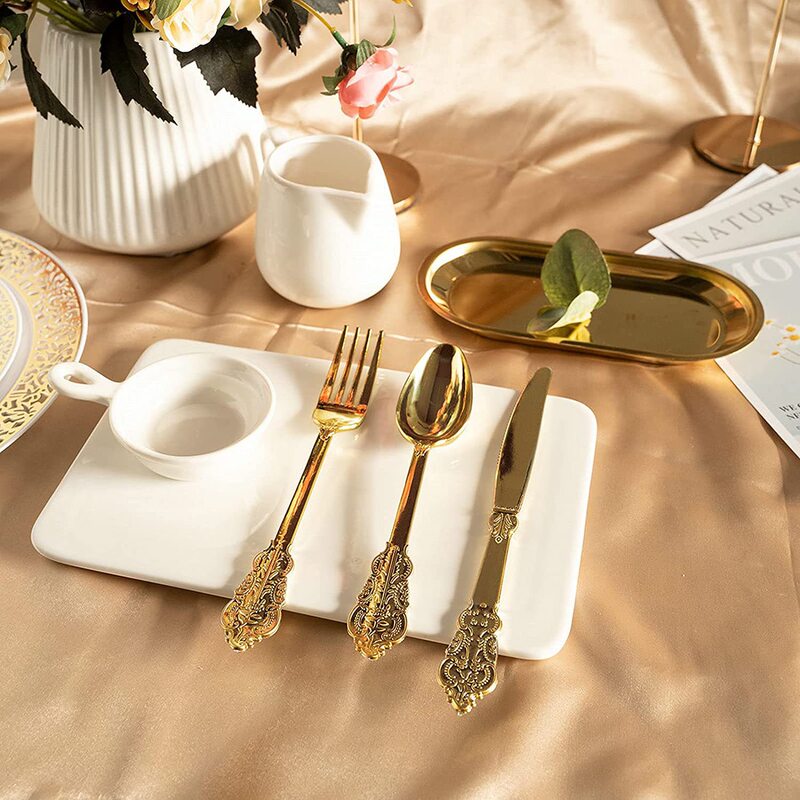 Cross-Border Hot-Selling Retro Gold-Plated Knife, Fork and Spoon Plastic Embossed Tableware Gold Rose Gold Western Food Three-Piece Set Cross-Border Hot-Selling Retro Gold-Plated Knife, Fork and Spoon Plastic Embossed Tableware Gold Rose Gold Western Food Three-Piece Set