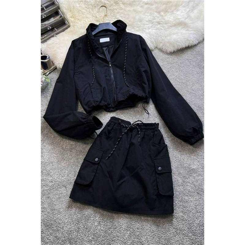 Короткий костюм с юбкой на молнии в корейском стиле для женщин, новая модная короткая модная куртка на шнурке, комплект из двух предметов для рабочей одежды, модный