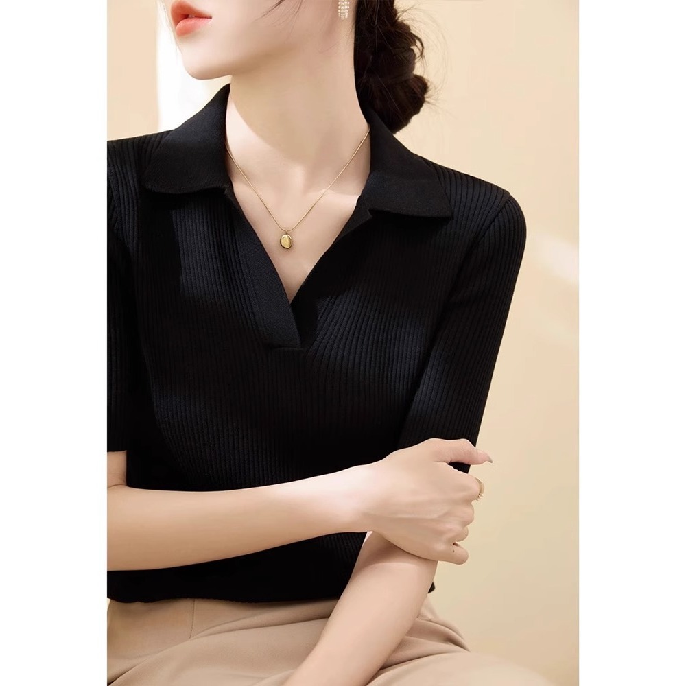Áo thun dệt kim dáng ôm cổ chữ V nửa hở tay ngắn chất Lyocell Tencel mùa hè — Màu đen
