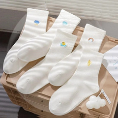 Cross-border wholesale Korean-style white sports women's socks for spring and autumn seasons, student mid-calf socks, rainbow long socks, embroidered socks