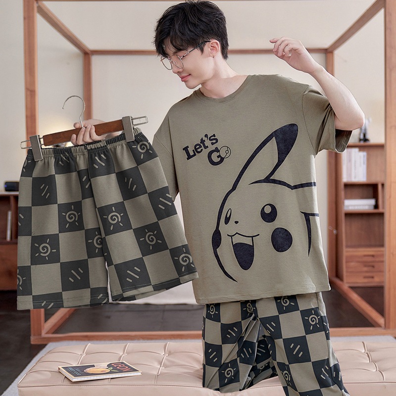 Men's Pajamas Pure Cotton Summer Short-Sleeved Pants Three-Piece Suit Pure Cotton Large Size Men's Teenagers Summer Home Clothes