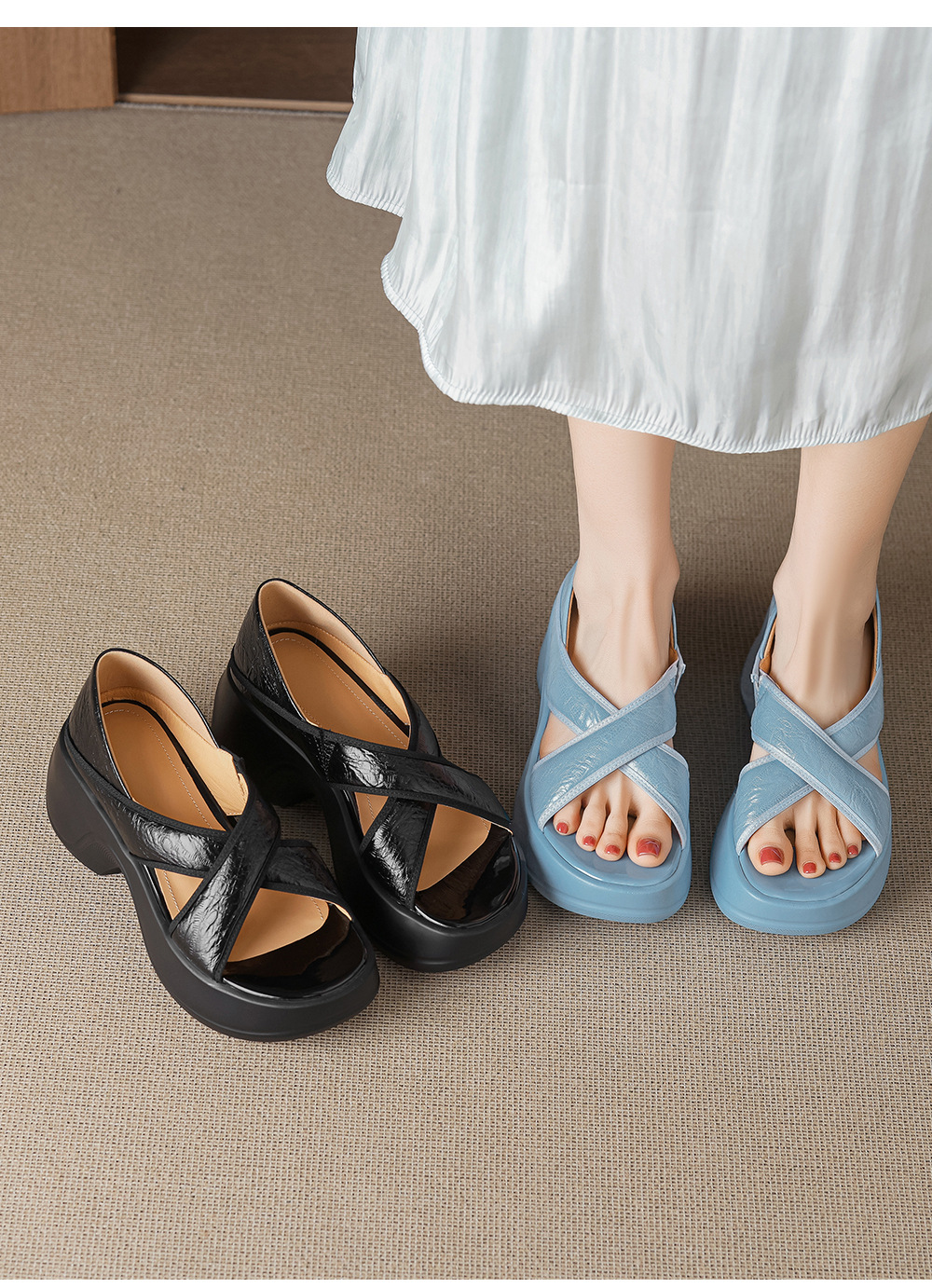 Sandal nữ đế xuồng cao gót 6cm mũi hở phong cách La Mã da thật — màu đen, màu xanh hồ chi tiết 14