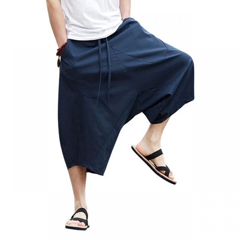 Pantalones tailandeses, bombachos, pantalones harem de lino sueltos para hombre, pantalones de entrepierna ancha recortados de Nepal, pantalones cortos de verano