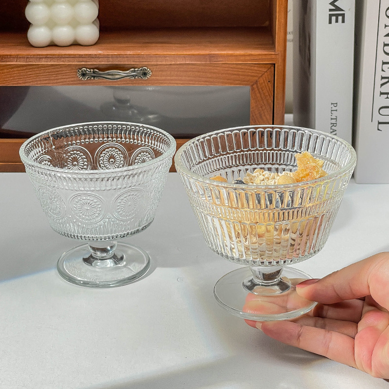レトロなレリーフ太陽花ガラスボウルins風家庭用アイスクリームアイスクリームボウルヨーグルトオート麦朝食デザートボウル|undefined