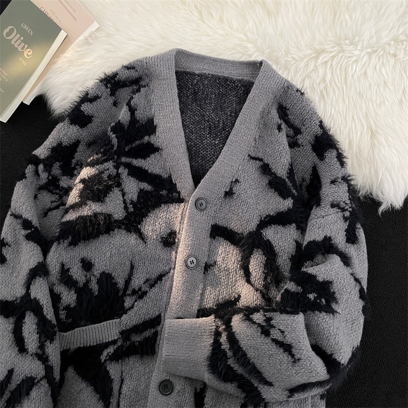 국경 간 틈새 모방 밍크 스웨터 재킷 남자 겨울 빈티지 느슨한 게으른 V-넥 니트 카디건