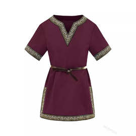 跨境外贸欧美亚马逊新款儿童文艺复兴中世纪复古V领短袖中长衬衫